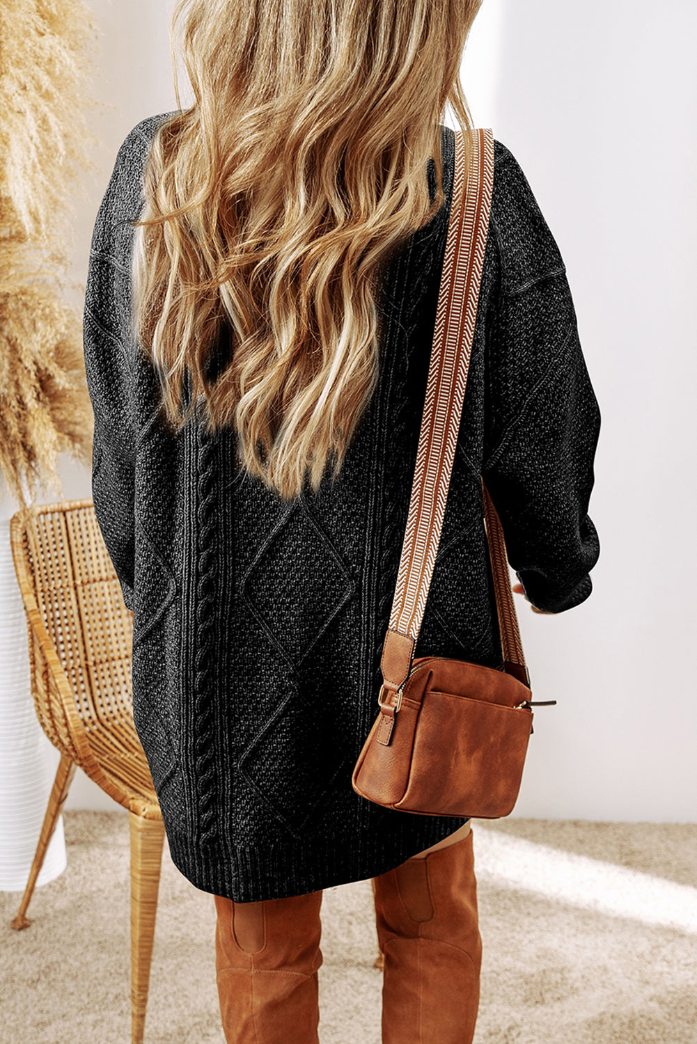 Black Cable Knit Drop Shoulder Sweater Dress