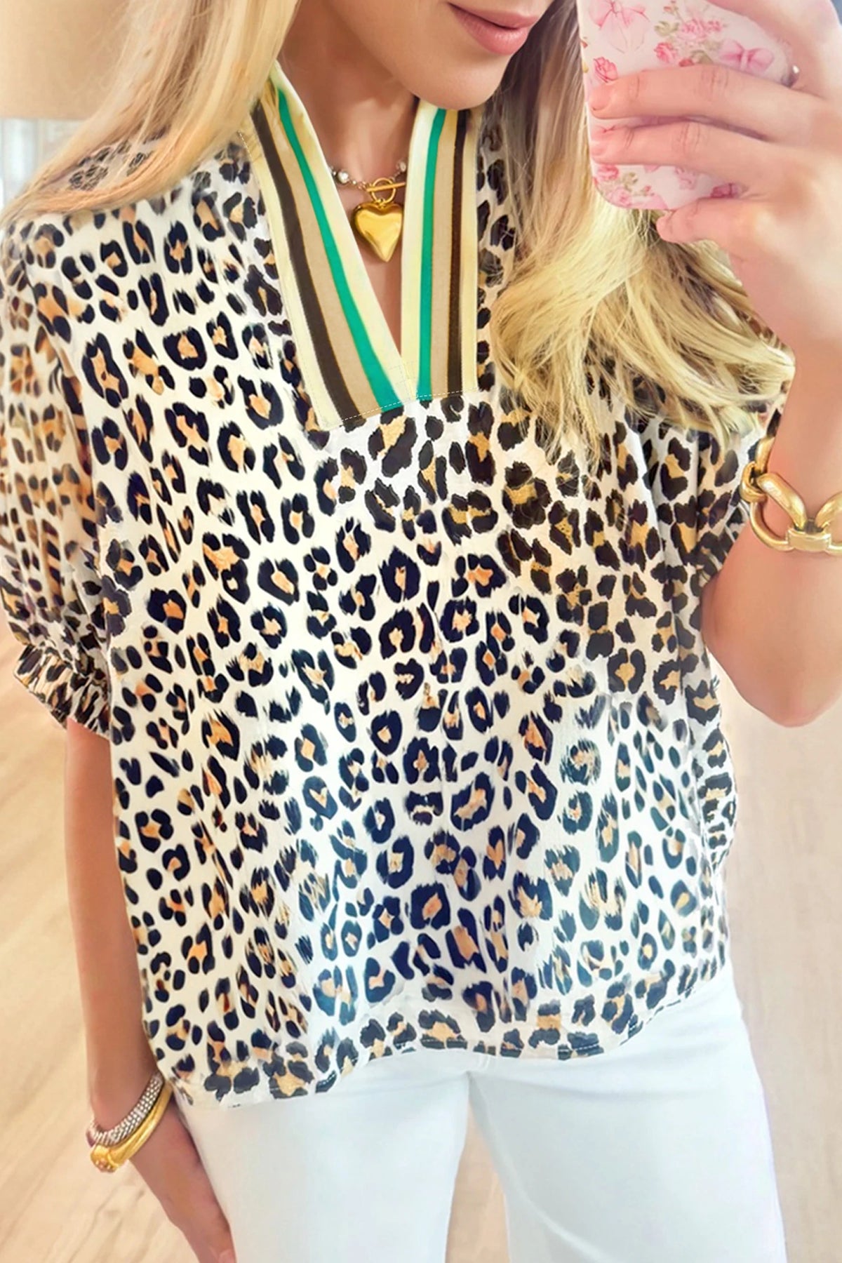 Khaki Leopard Stripe V-Neck Top