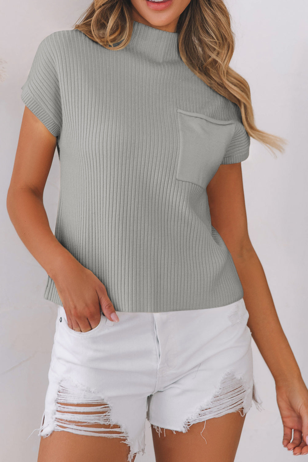 Black or Grey Patch Pocket Ribbed Knit Short Sleeve Sweater