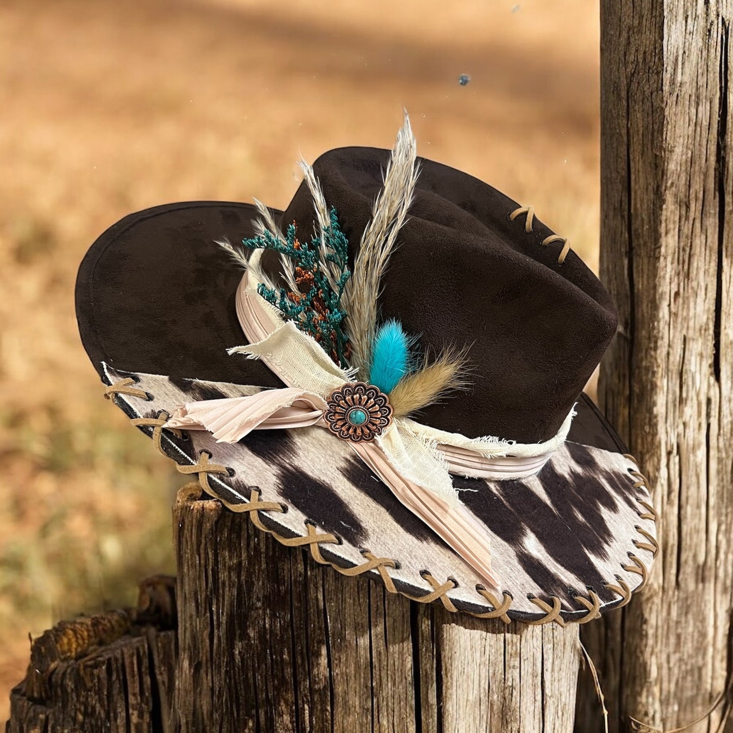 Brown Custom Cowhide Print Accents Hat