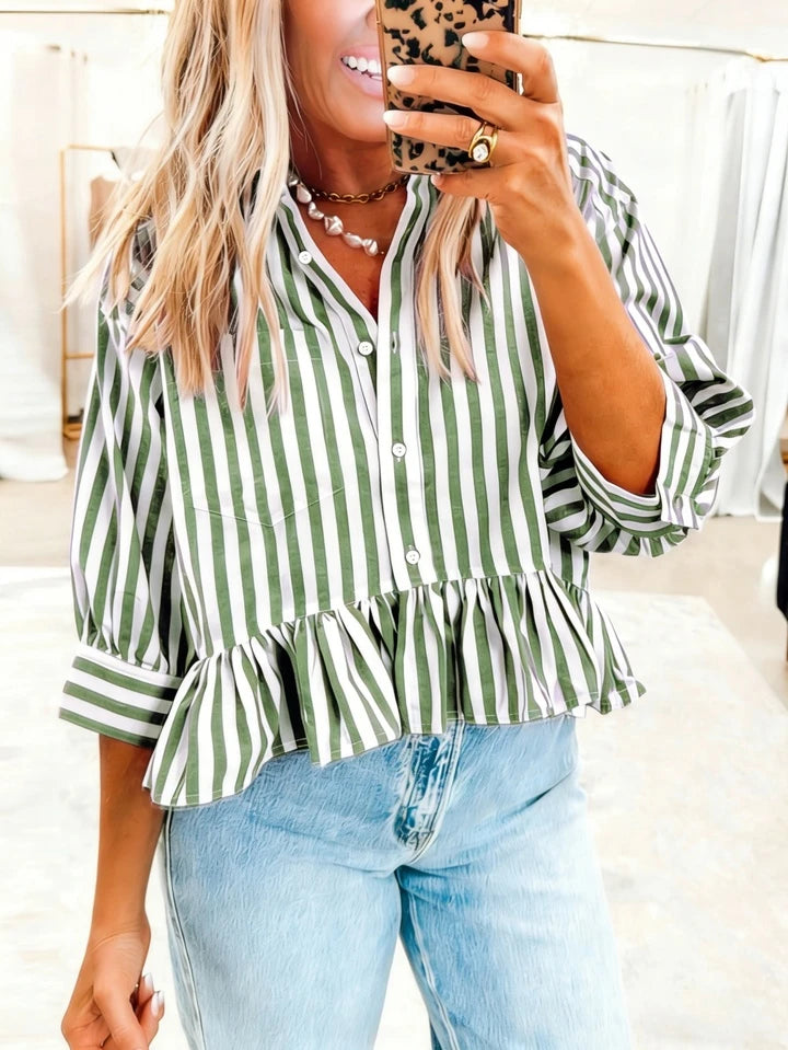 Green Stripe Puff Sleeve Ruffle Top (Copy)