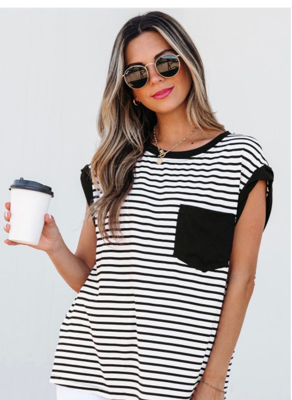 Black Striped Chest Pocket Top
