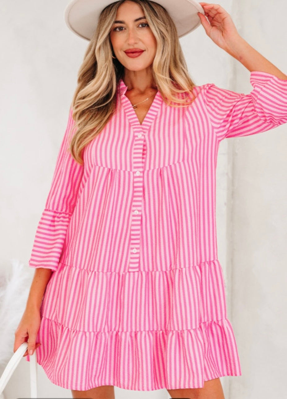 Pink Striped Flare Sleeve Flowy Dress