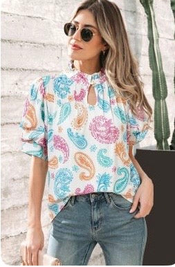 Multicolor Vibrant Paisley Printed Button Keyhole Puff Sleeve Blouse