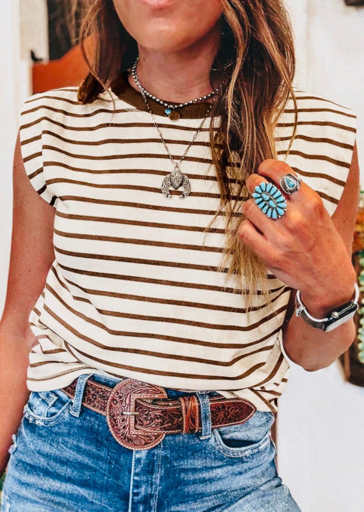 Brown Stripe Ribbed Crew Neck Top