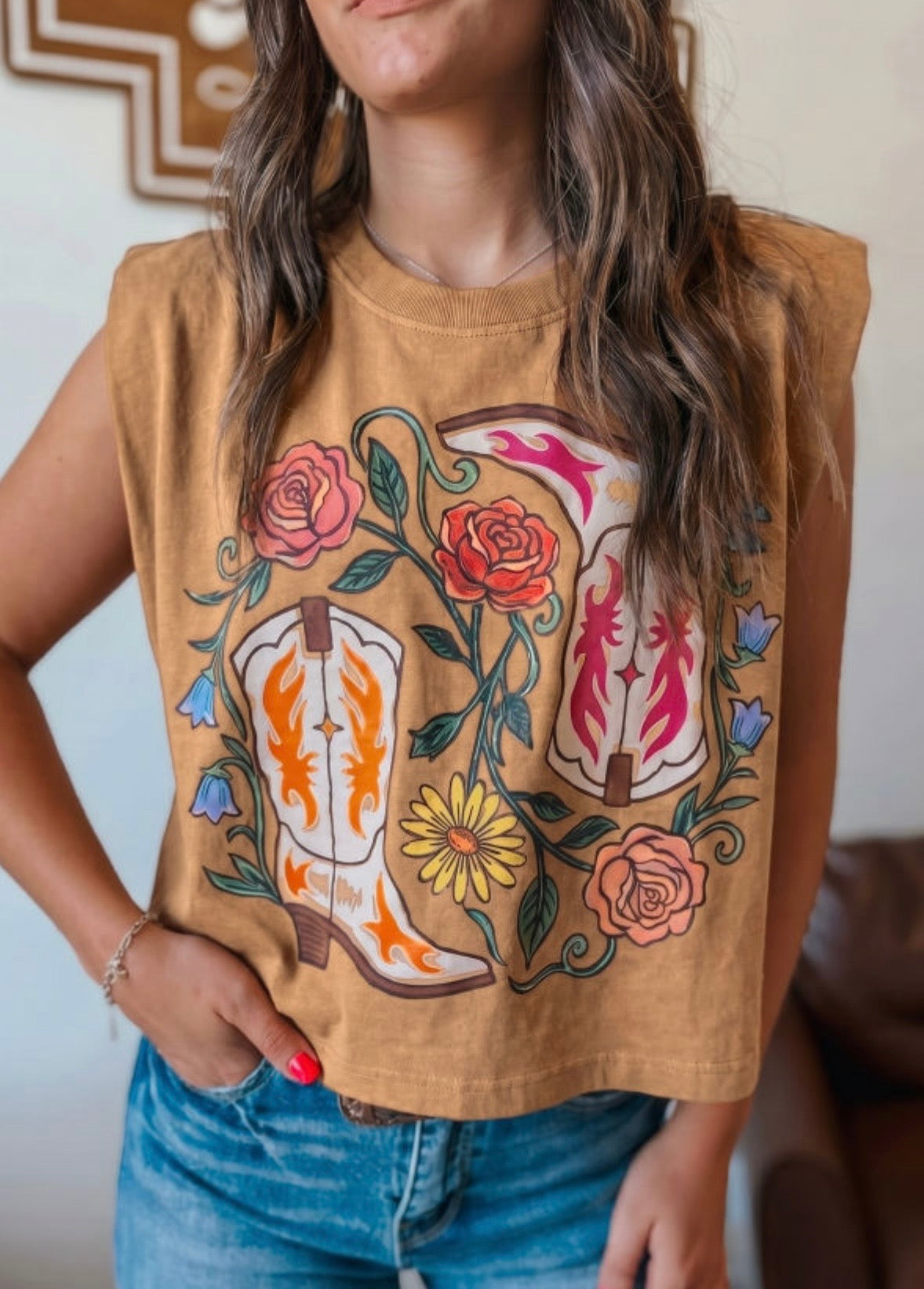 Camel Western Floral Print Sleeveless Top