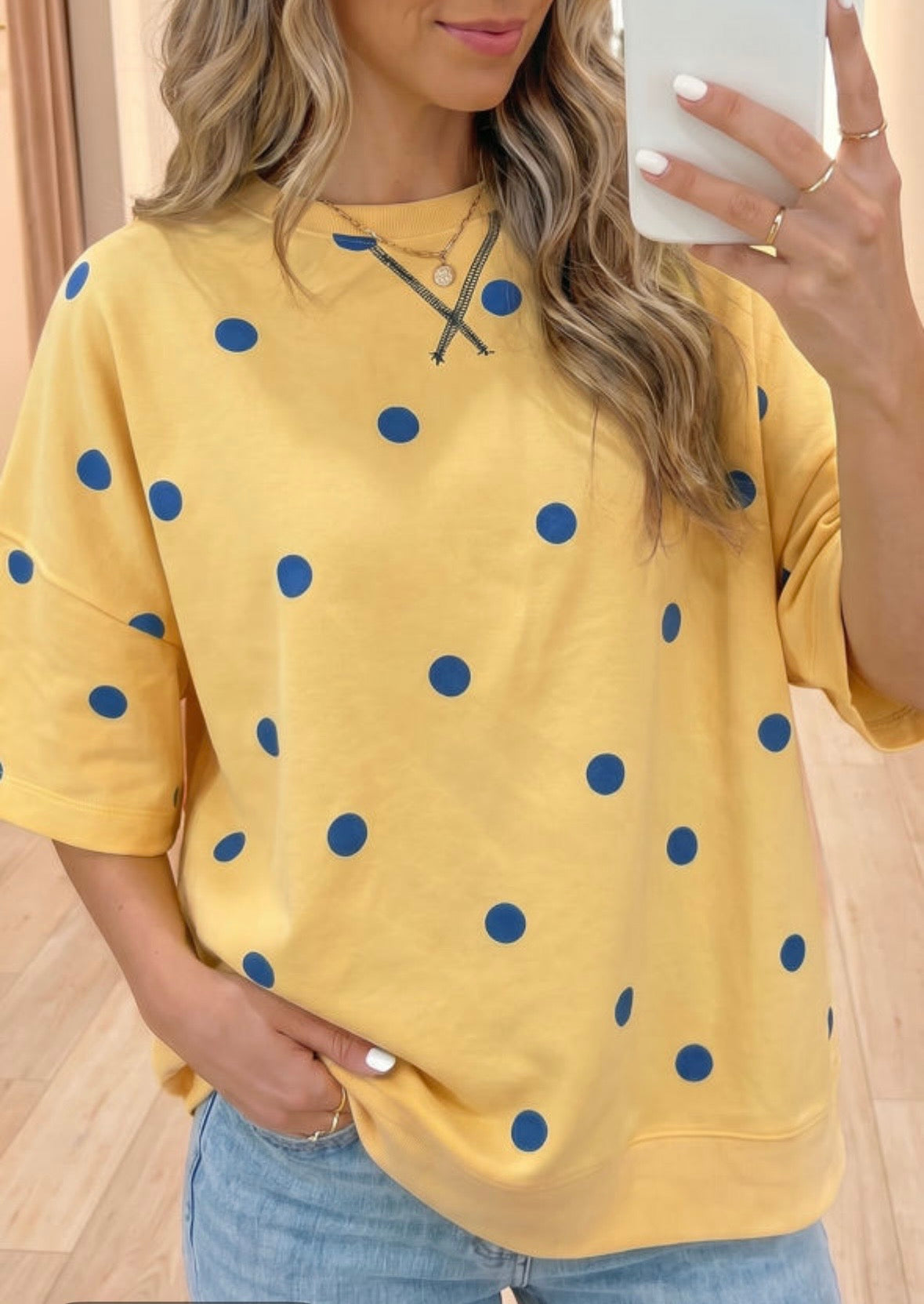 Yellow Polka Dot Print Crossed Seam Detail Oversize Tee