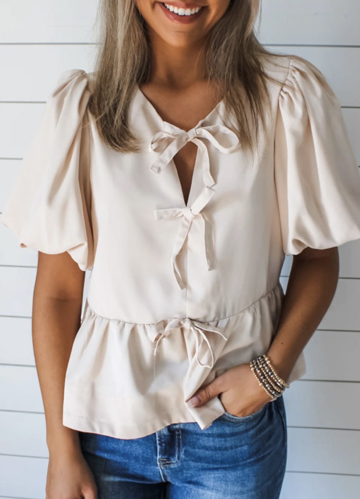 White Bow Tie Short Puff Sleeve Ruffle Hem Blouse