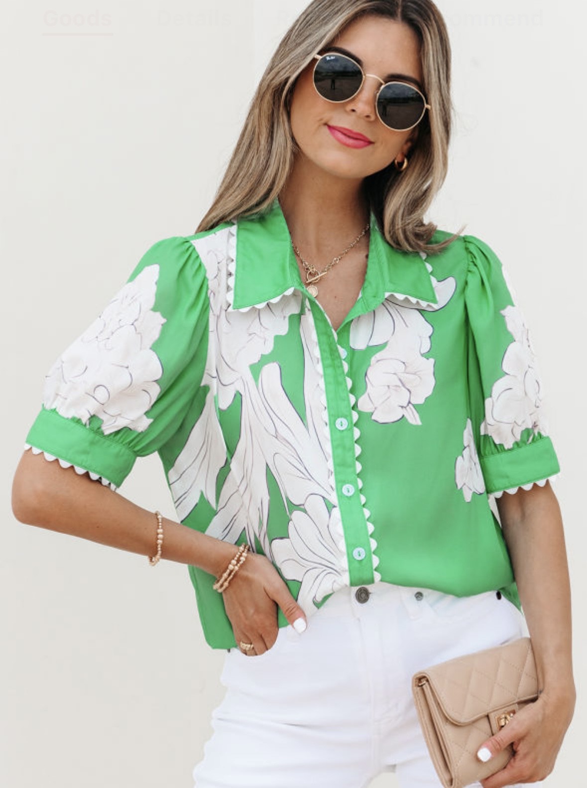 Green Floral Ric Rac Edge Puff Sleeve Button Up Top