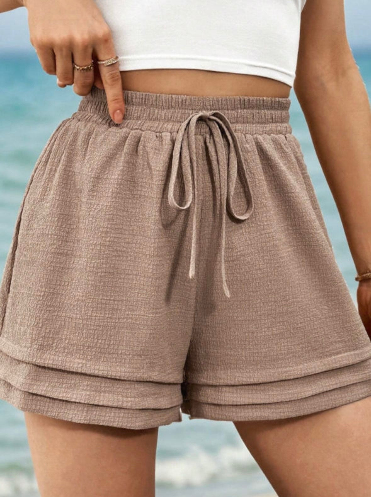 Straw Khaki Colored Textured Edge Shorts