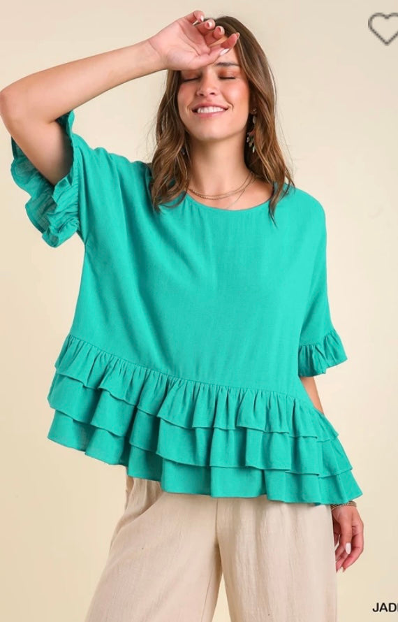 Ruffle Tiers Linen Round Neck Top