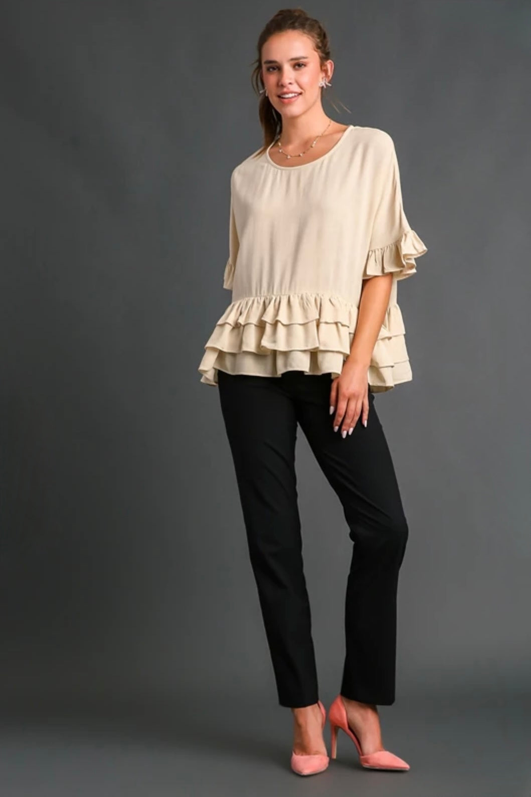 Ruffle Tiers Linen Round Neck Top