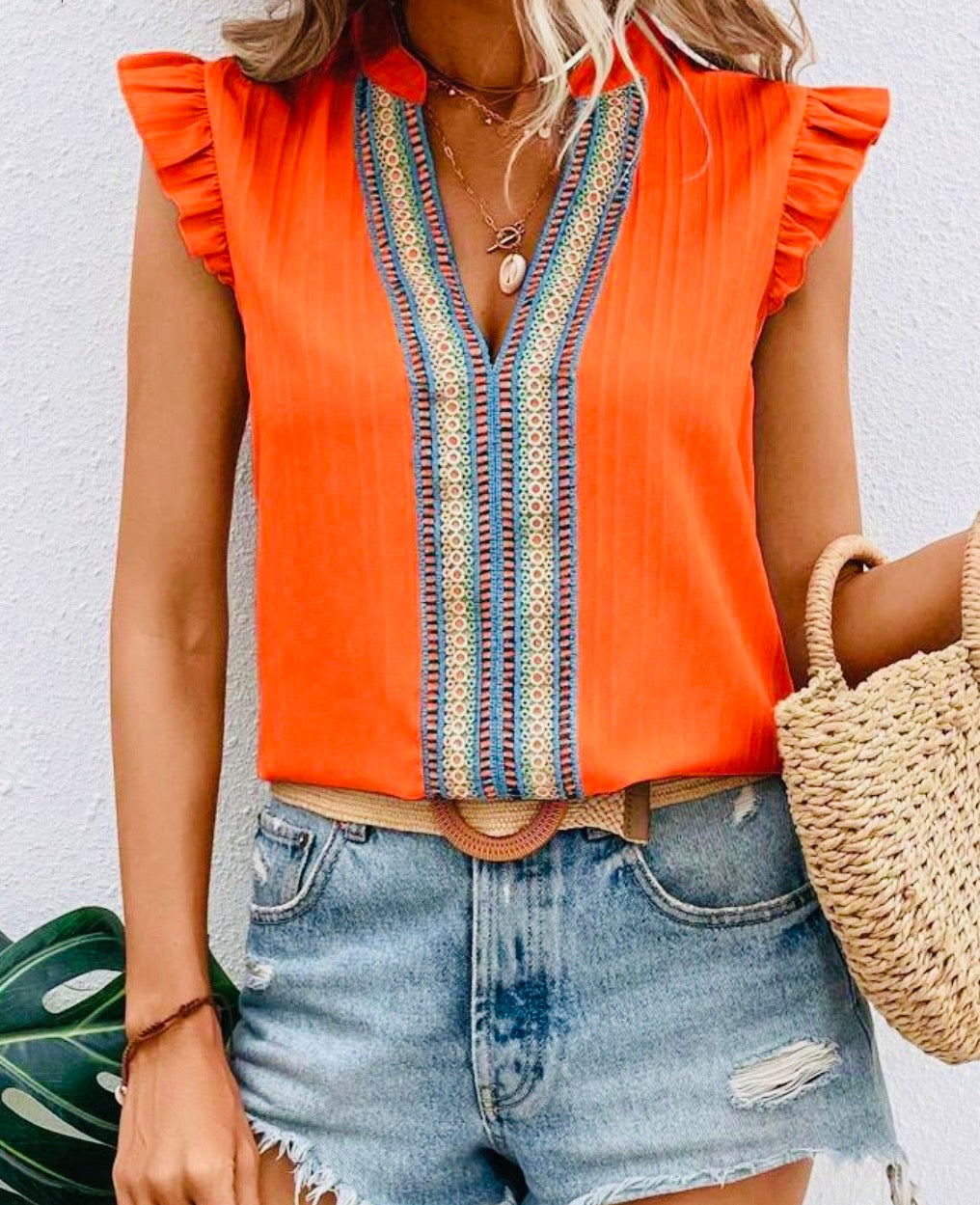 Womens Orange Ruffle Trim Top