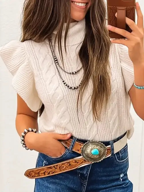 Cable Knit Turtleneck Ruffle Top