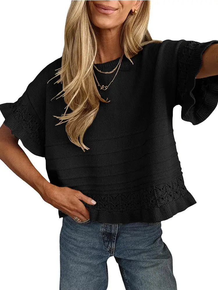 Boho Solid Black Knit Top