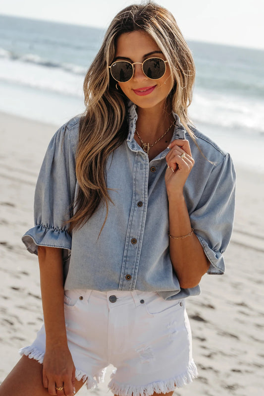Beau Blue Ruffle Short Puff Sleeve Summer Chambray