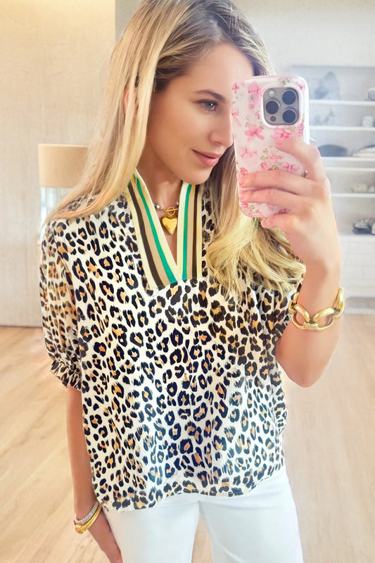 Khaki Leopard Stripe V-Neck Top