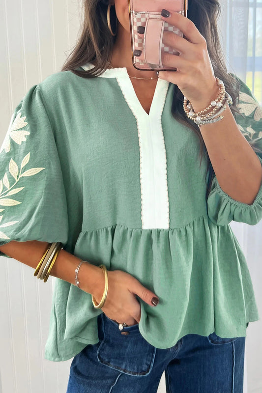 Smoke Green  Puff Sleeve Babydoll Blouse