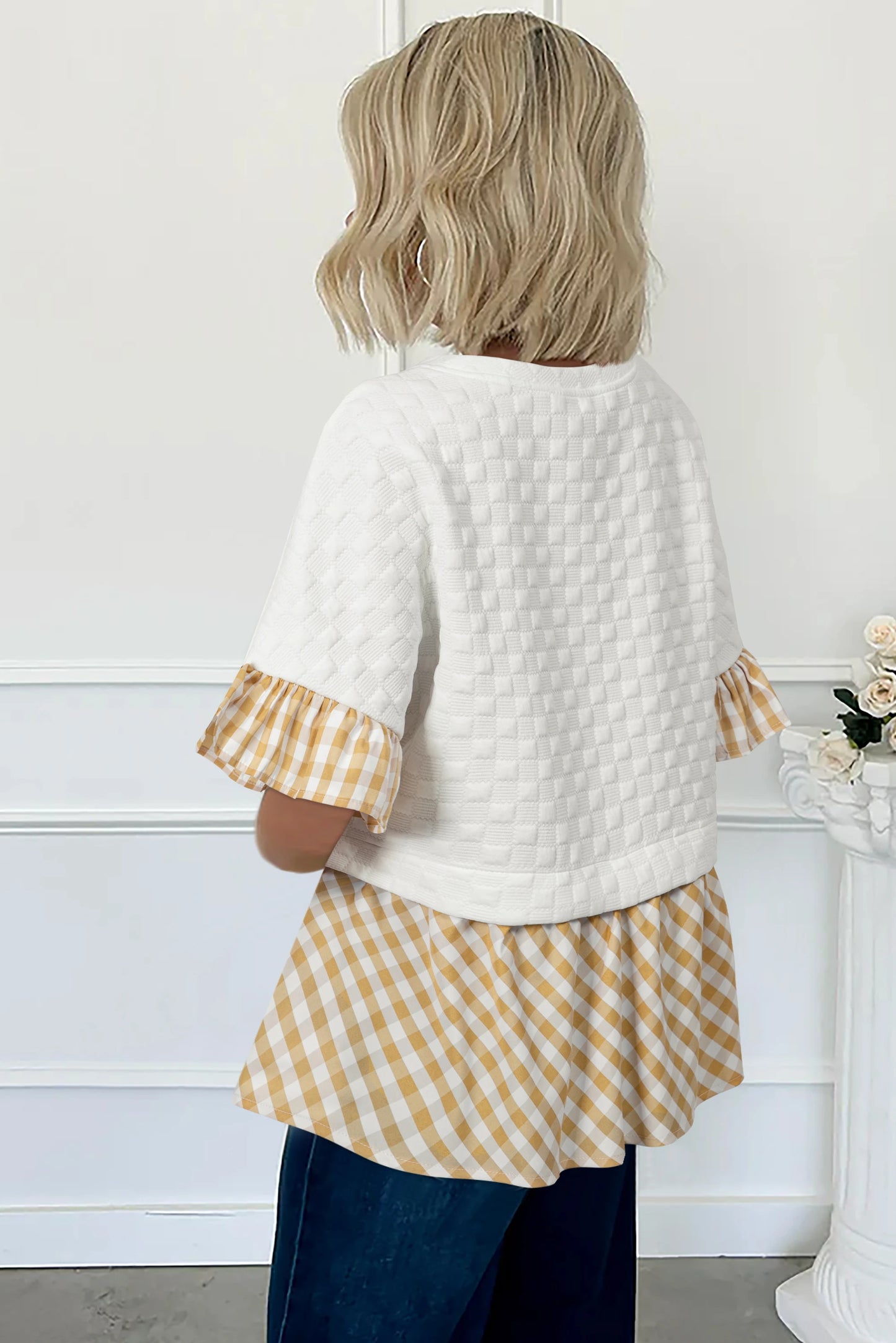 White/Khaki Textured Blouse