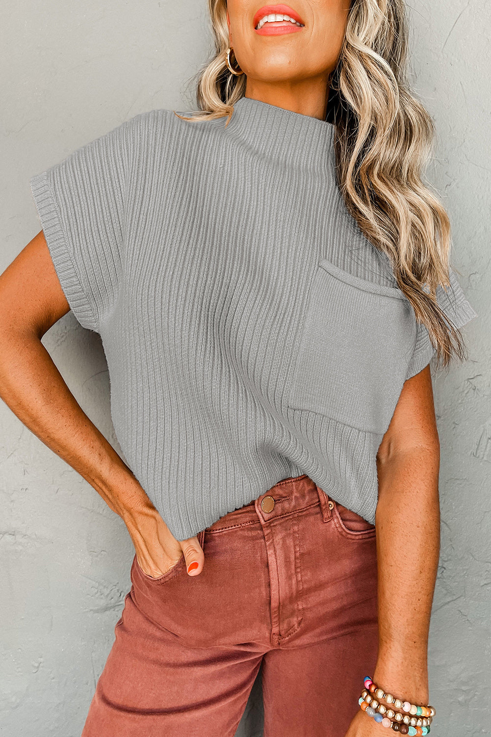 Black or Grey Patch Pocket Ribbed Knit Short Sleeve Sweater