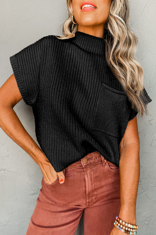 Black or Grey Patch Pocket Ribbed Knit Short Sleeve Sweater