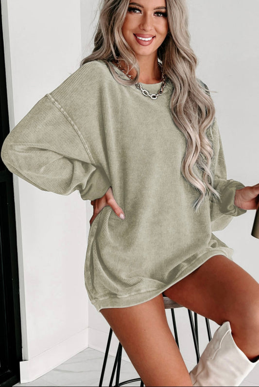Solid Ribbed Knit Round Neck Pullover