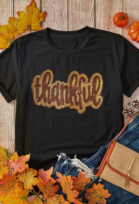 Thankful Sequin Patch Graphic T-Shirt
