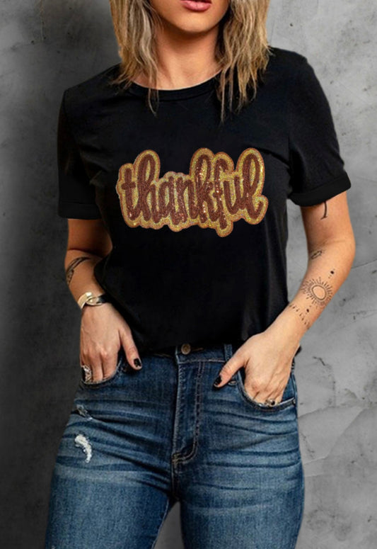 Thankful Sequin Patch Graphic T-Shirt