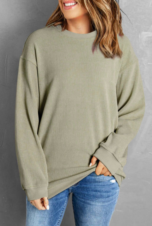 Solid Ribbed Knit Round Neck Pullover