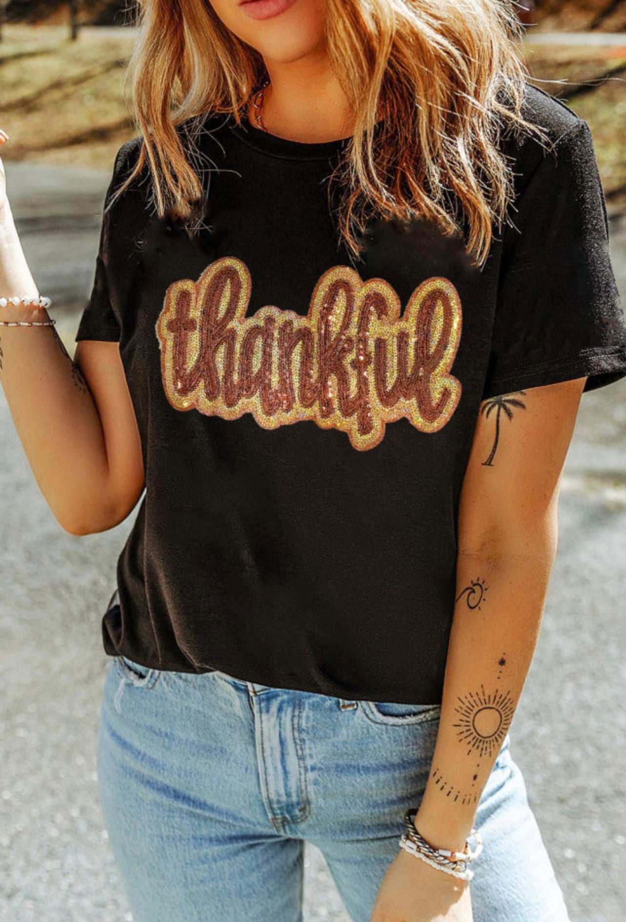 Thankful Sequin Patch Graphic T-Shirt