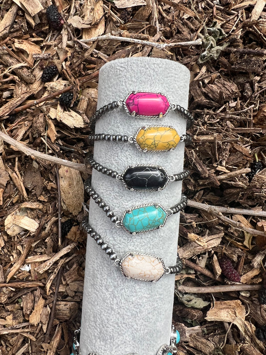 Silver Bead Colored Stone Bracelet