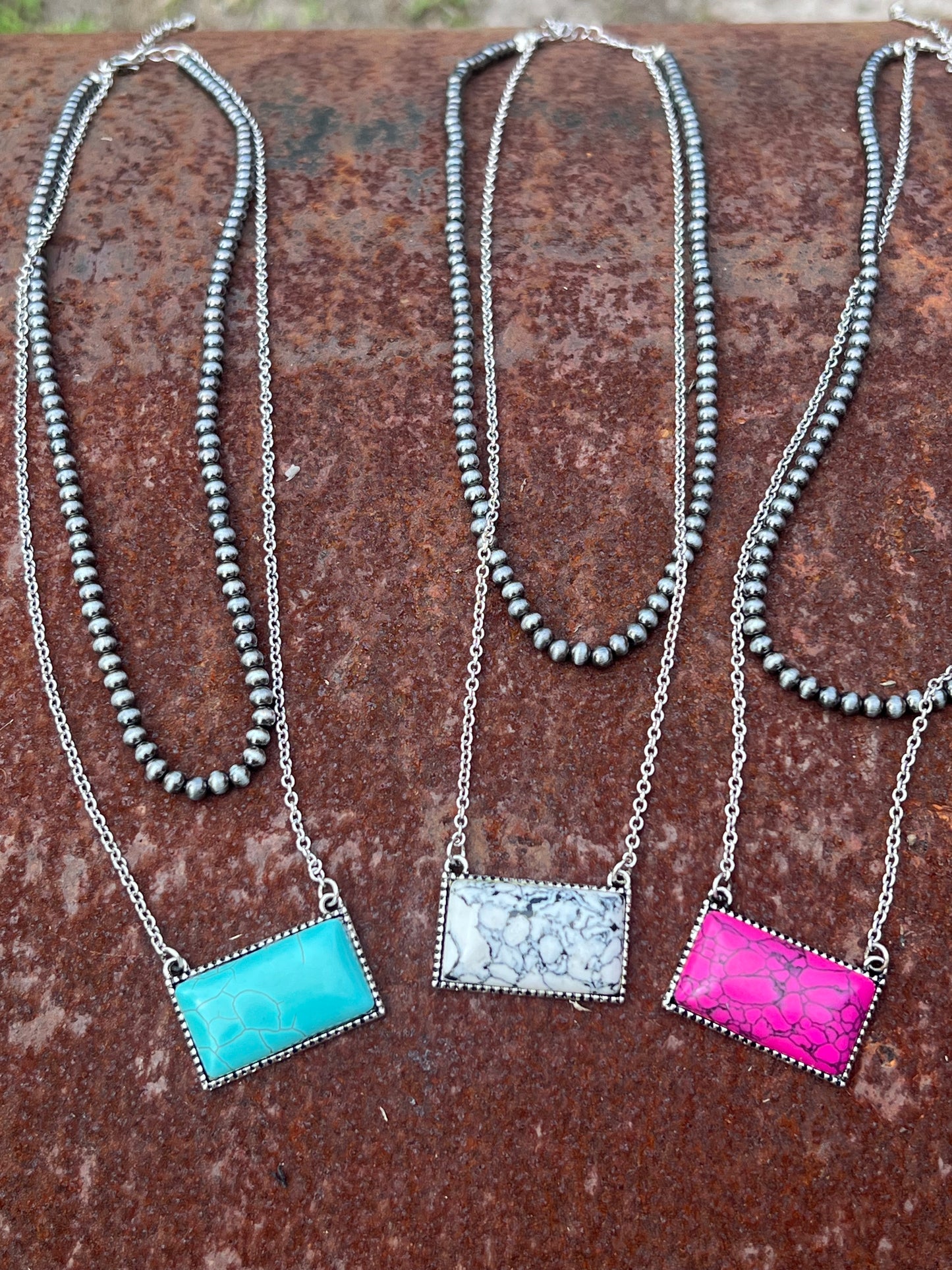Silver Double Chain Rectangle Pendant