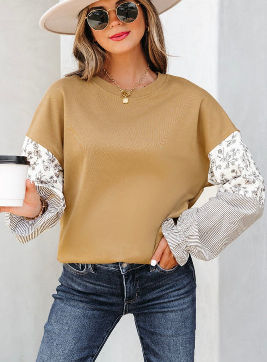 Camel Floral Striped Ruffle Sleeve Top