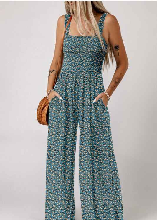 Green Floral Print High Waisted Jumpsuit