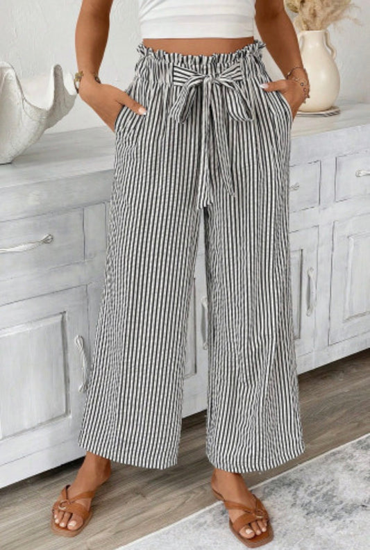 Black Striped Tied High Waisted Crop Pants