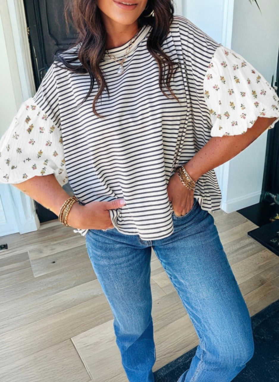 Black Floral Puff Sleeve Top