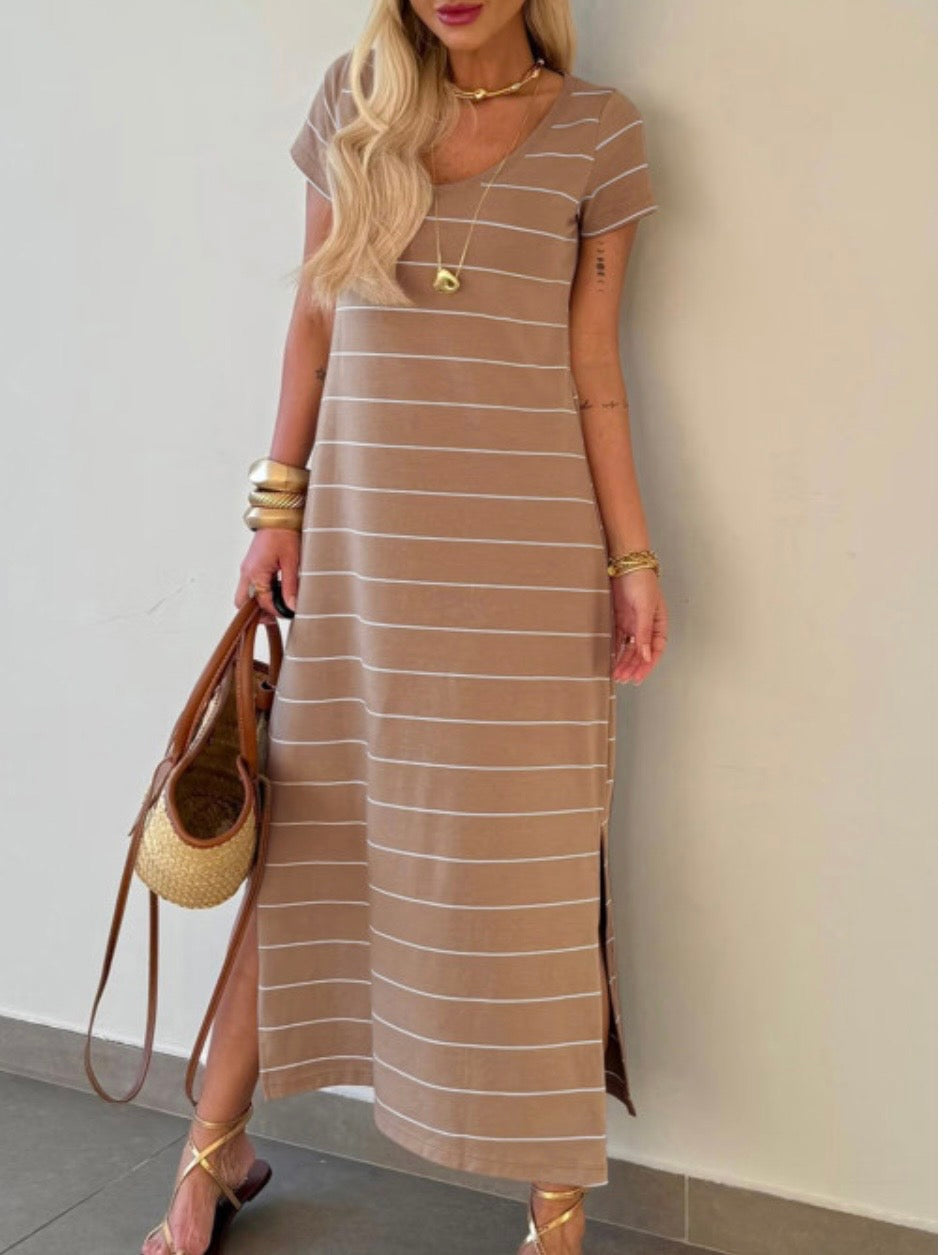 Khaki Striped Short Sleeve Side Slit Maxi Dress