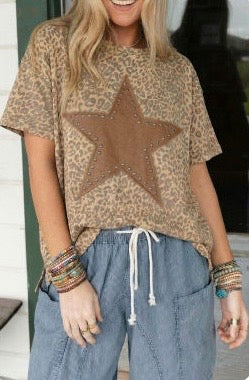 Leopard Retro Studded Star Patch Loose Tee