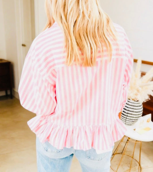 Pink Stripe Puff Sleeve Ruffle Top