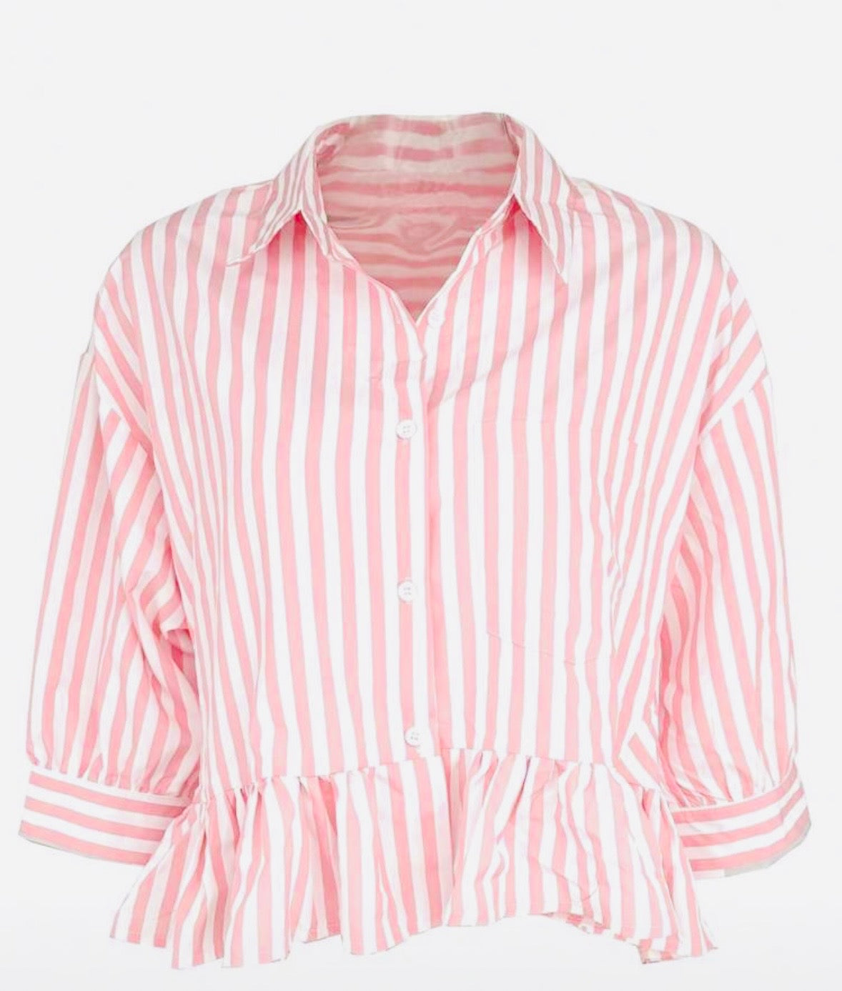 Pink Stripe Puff Sleeve Ruffle Top