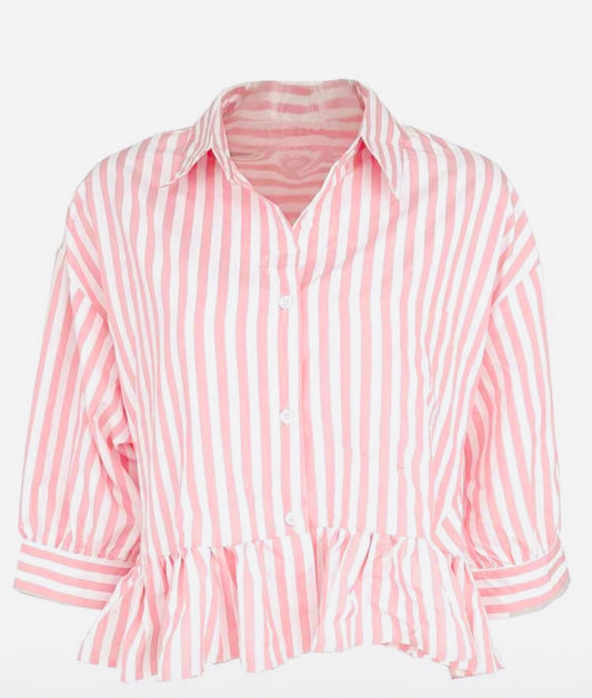 Pink Stripe Puff Sleeve Ruffle Top