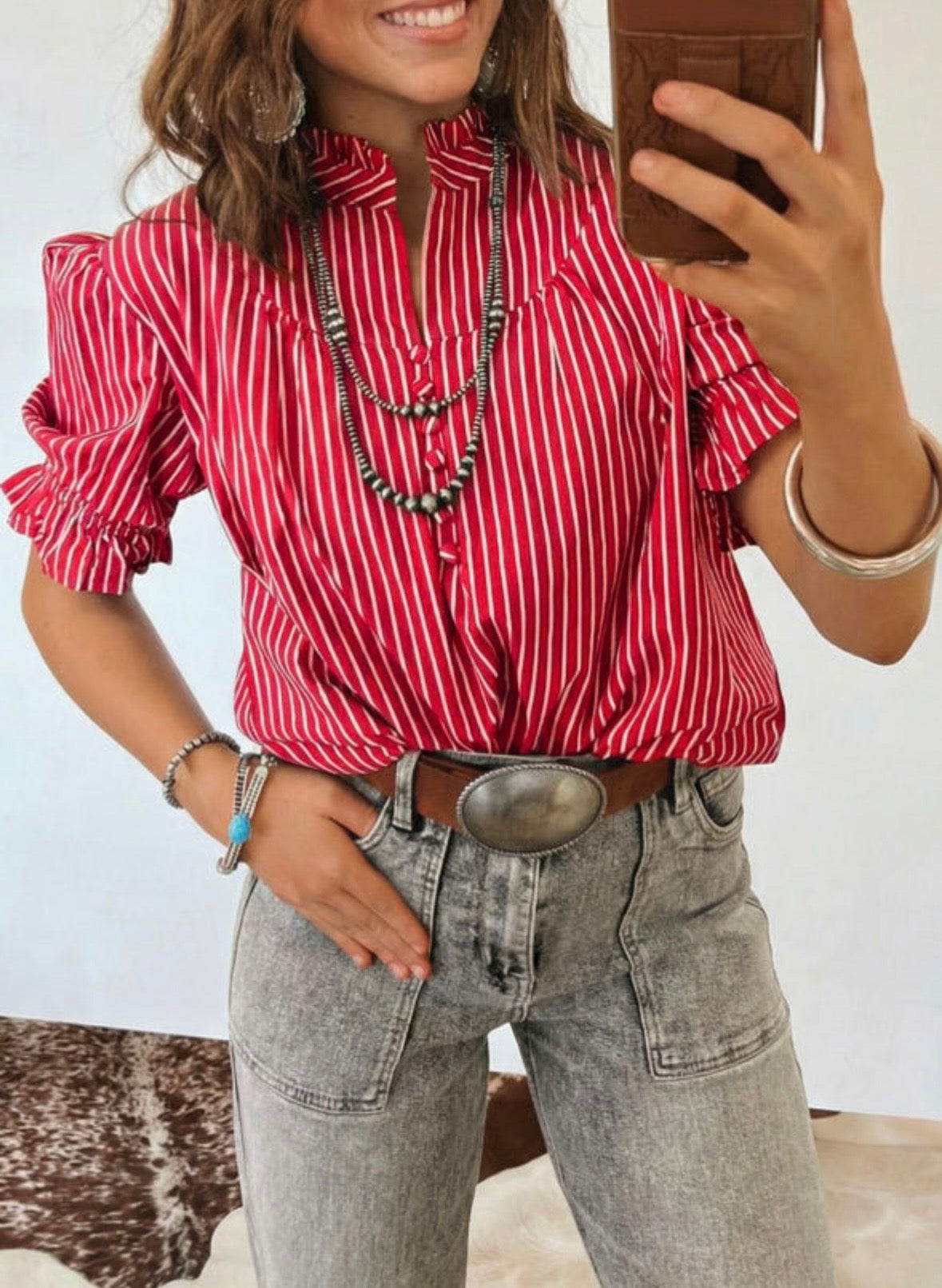Red Stripe Ruffle Puff Sleeve Blouse