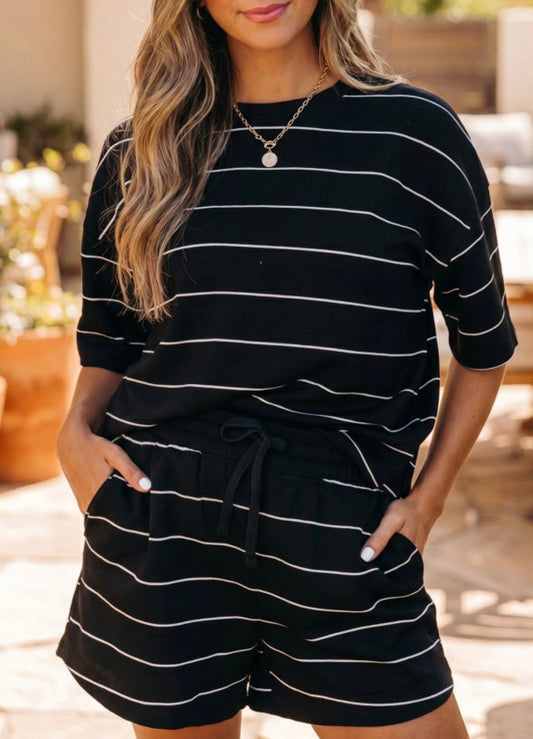 Black Stripe Half Sleeve Drawstring Set