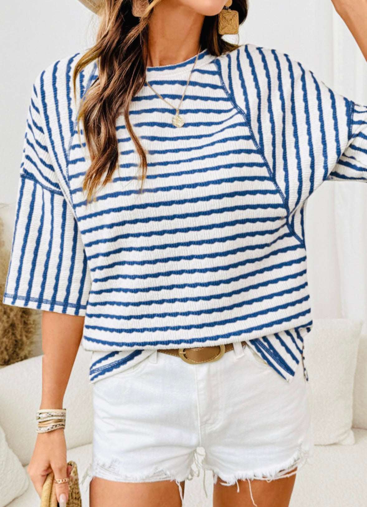 White And Blue Stripe Crew Neck Top