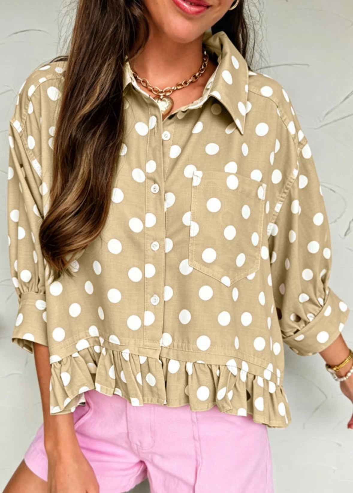 Khaki Polka Dot Ruffle Hem Top
