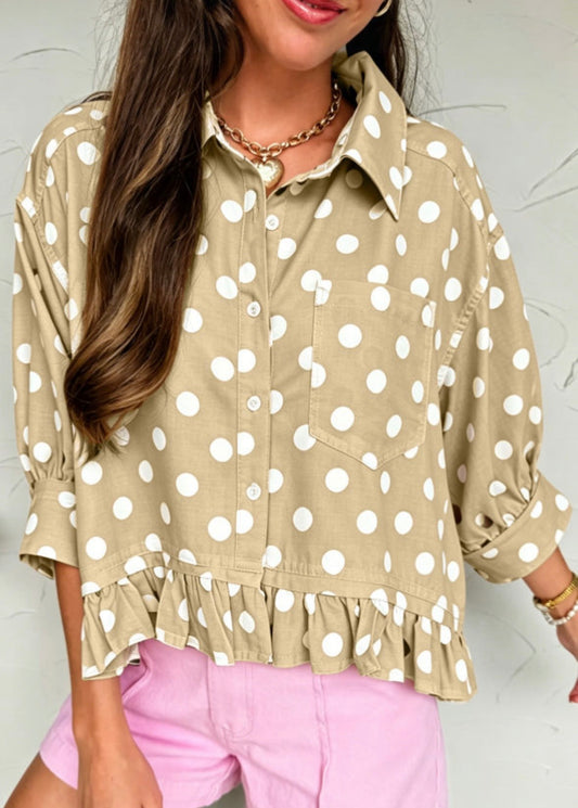Khaki Polka Dot Ruffle Hem Top
