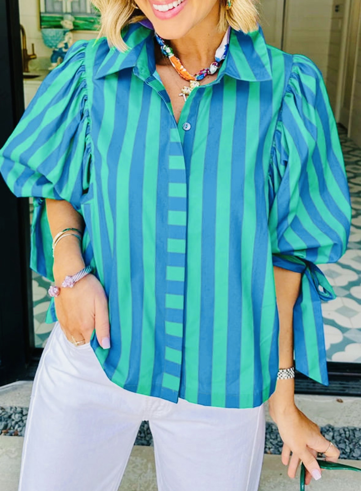 Blue Stripe Tie Sleeve Top