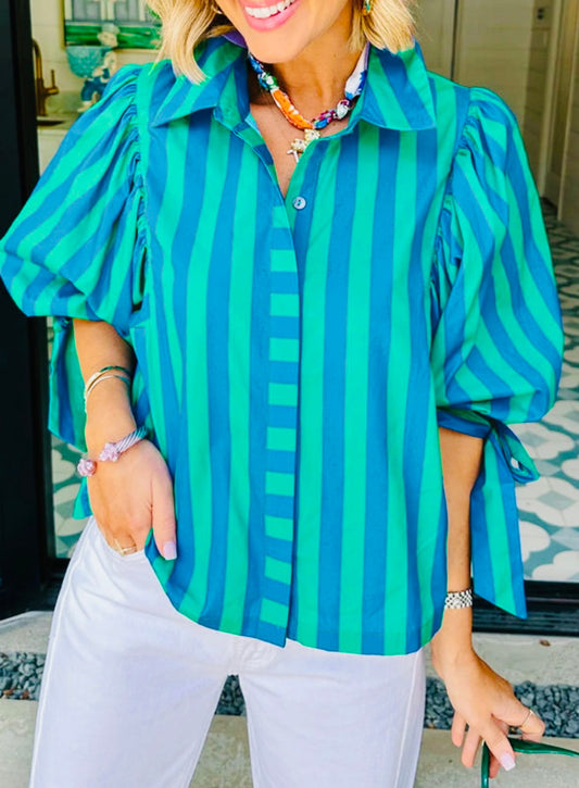 Blue Stripe Tie Sleeve Top