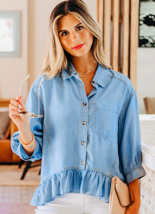 Beau Blue Half Sleeve Ruffled High And Low Top