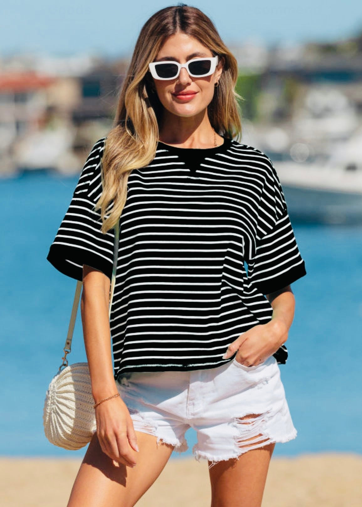 Black And White Stripe Long Crop Top